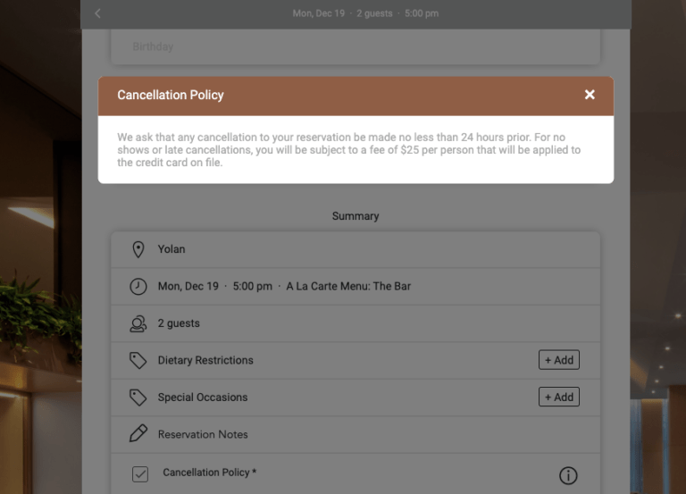 Yolan restaurant no-show and cancellation policy